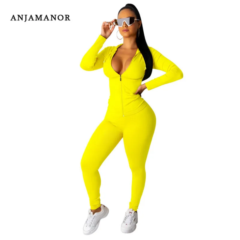 

ANJAMANOR Casual Sexy Two Piece Set Top and Pants Neon Zip Up Hoodie Sports Tracksuit Women Fall 2019 Plus Size Clothing D41AH86