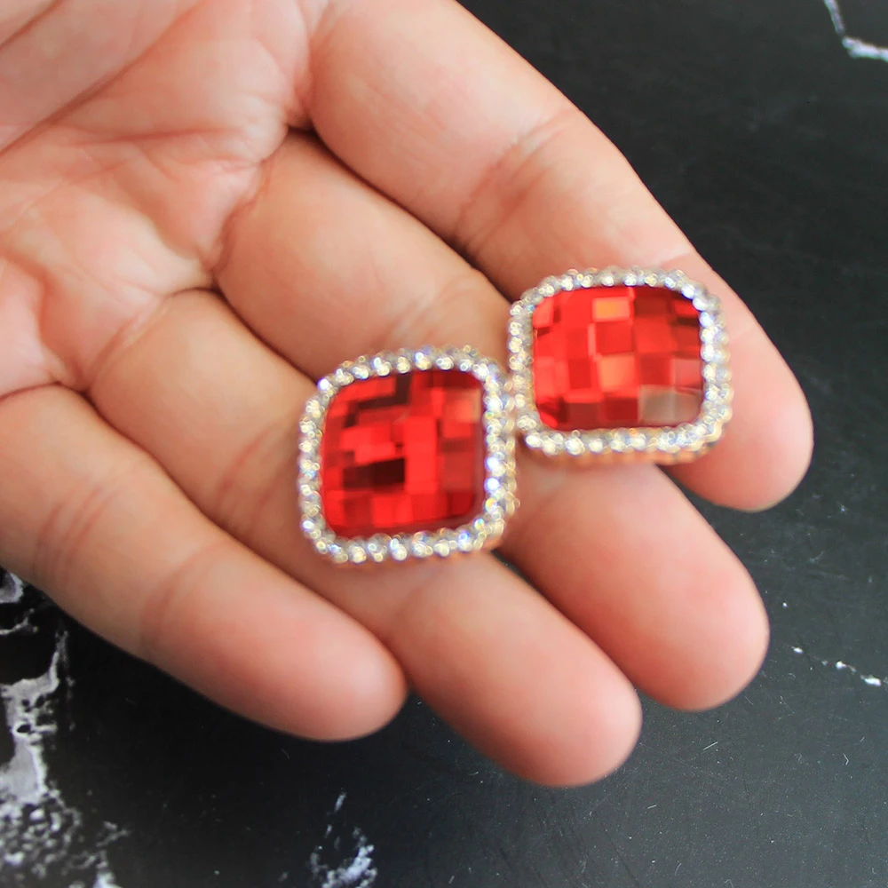 red Серьги-гвоздики на клипсах, Cz, квадратные, без пирсинга, стразы, большие серьги со стразами, побрякушки, корейские классические ювелирные изделия для женщин, большие - Окраска металла: red