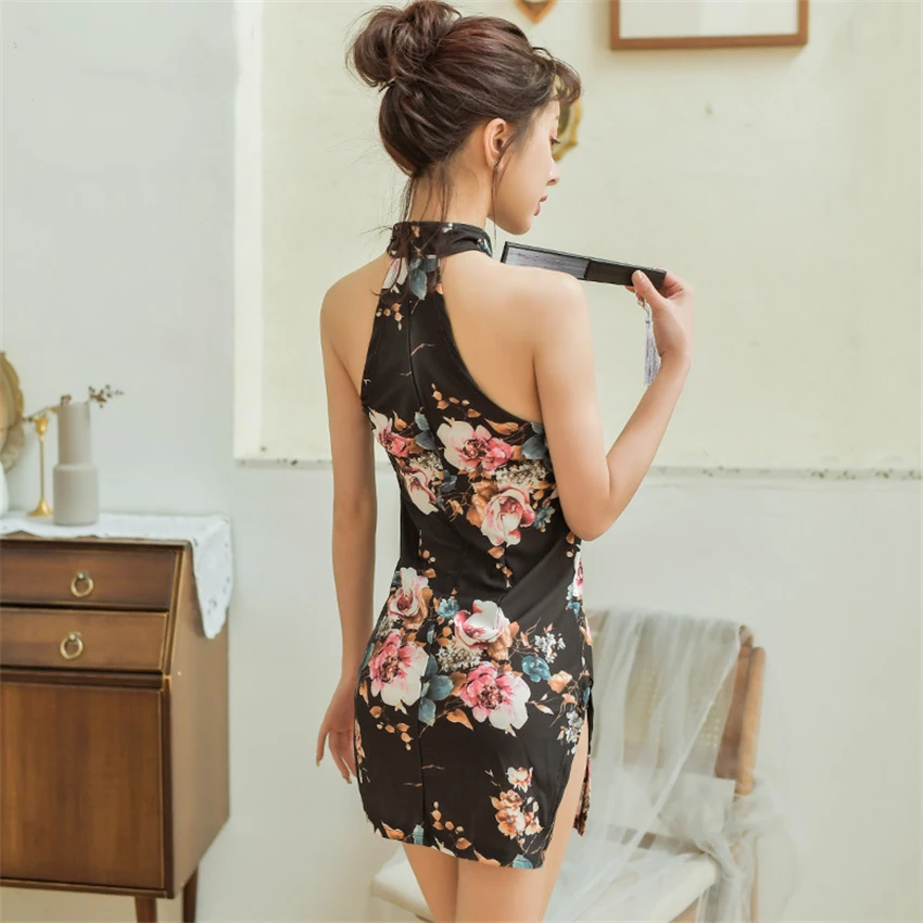 Sexy Woman Halter Cheongsam Chinese Style Erotic Lingerie Mini Qipao Babydoll Underwear Hollow Split Party Nightclub Dress