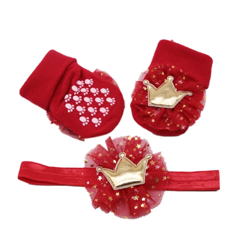 Pink Red Write Crown Flowers Sock Girls Headwear Children Elastic Hair Band Kids Hair Accessories with Cotton Socks Set
