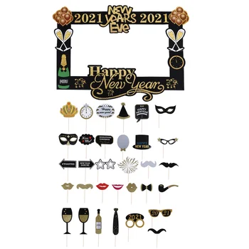 

1 Set 2021 Happy New Year Decor Photo Props Handheld Photo Booth Props (Black)