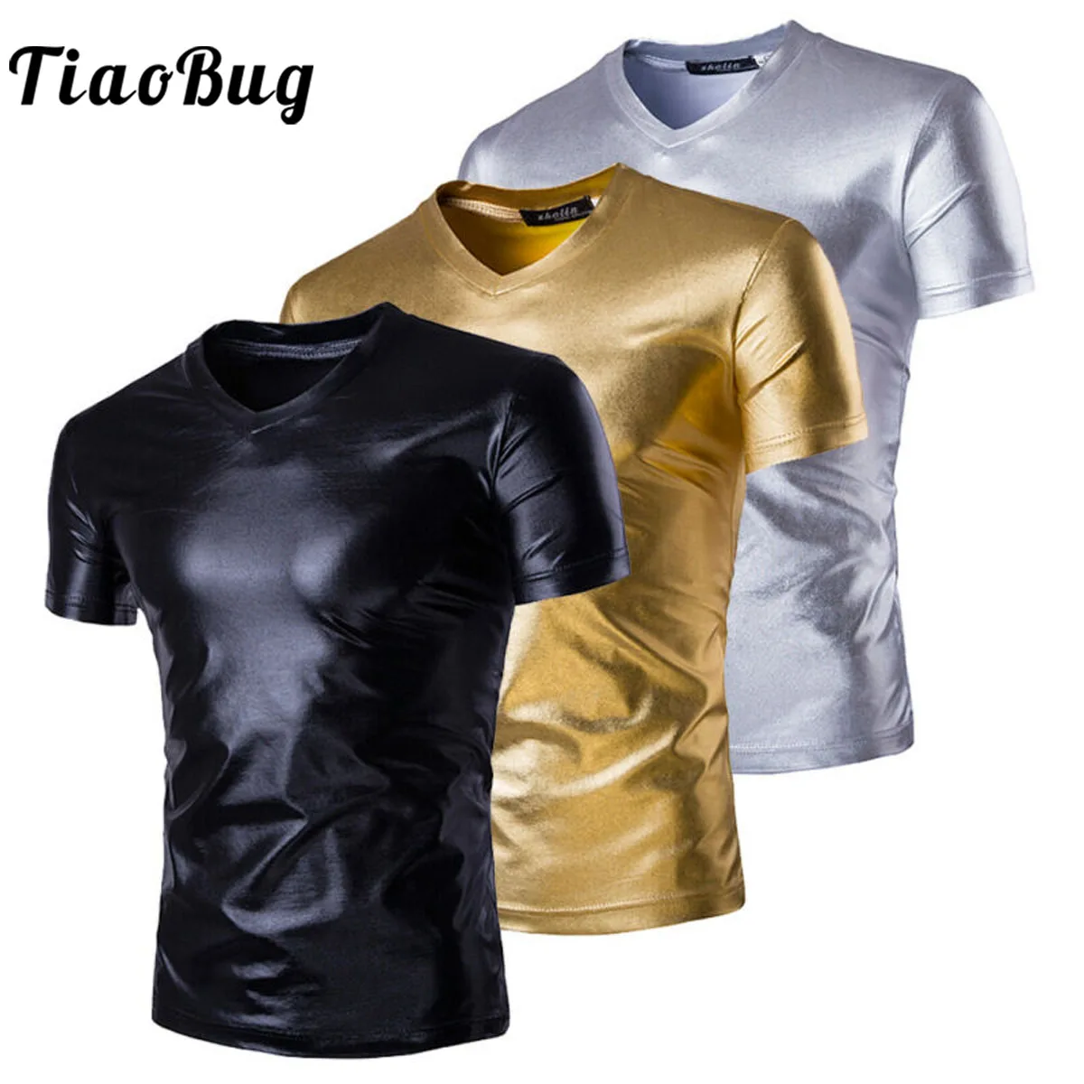 Men Faux Leather T-Shirt Tops Shiny Metallic Tee Short Sleeve Stage Dancing Show Disco Rave Party Night Club Costume Clubwear
