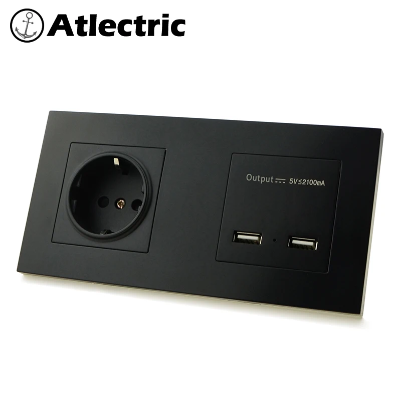 

Atlectric EU Standard Plug Double Socket Dual USB Charging Port Power Wall Socket Plastic Panel Electrical Outlet