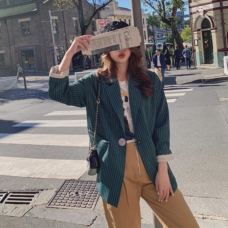 

2019 New Style Early Autumn Casual Stripes Small Suit INS Short Jacket Women's BF British-Style Thin Forest Green