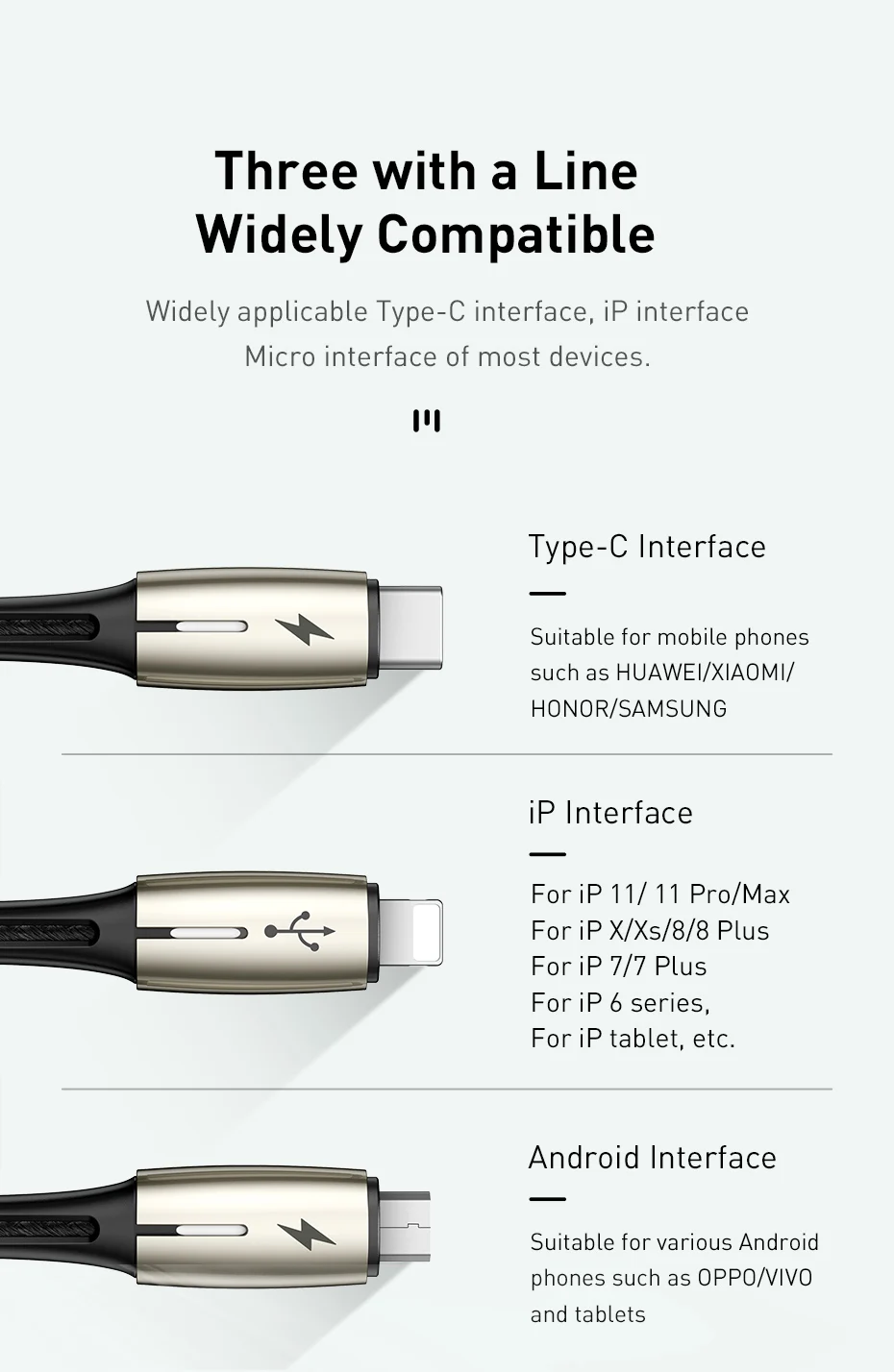 Baseus USB кабель 3 в 1 usb type C кабель для samsung S10 iPhone XR XS Max 11 USB зарядное устройство светодиодный кабель Micro USB зарядное устройство Шнур