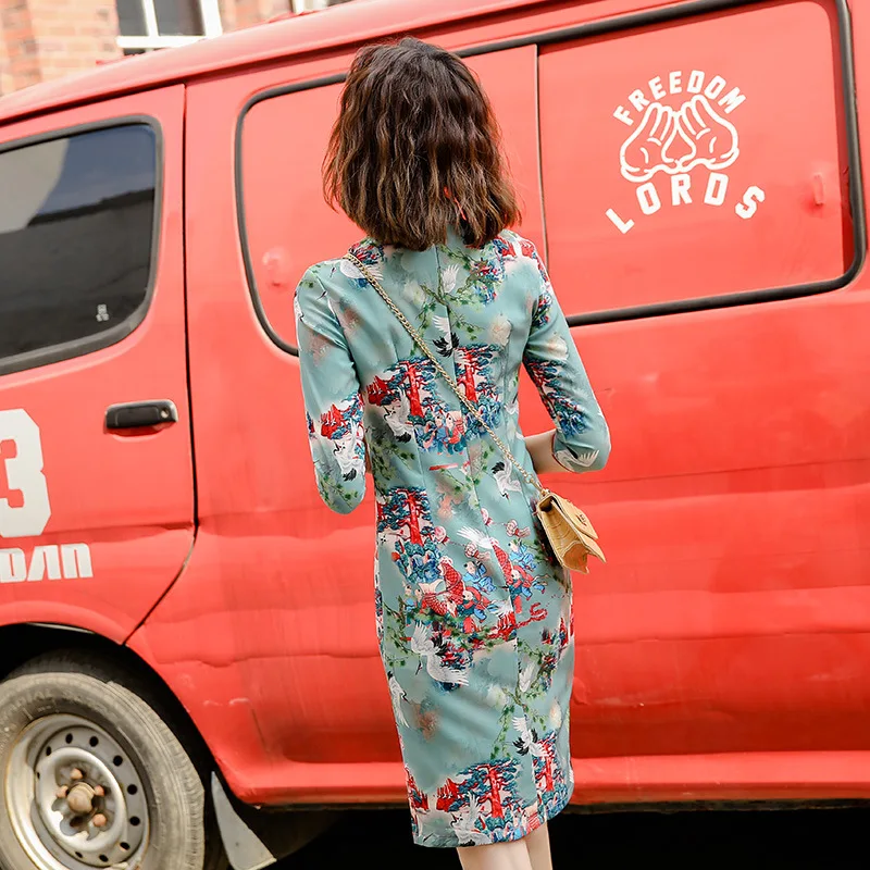 Винтажный женский халат Qipao с коротким рукавом Китайский традиционный китайский женский халат со стоячим воротником, с цветочным принтом вечернее платье большого размера Vestidso