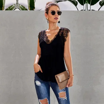 

shi ying Lace Tank Top Women's European and American-Style Casual Outerwear Short Sleeved Panel Sexy V-neck Loose-Fit Underwear