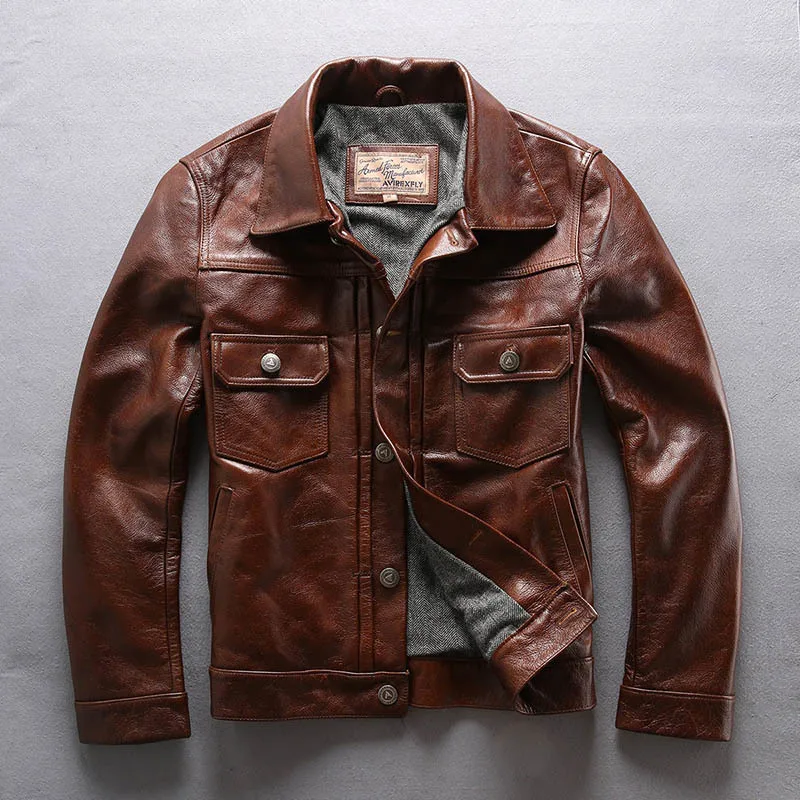Brown Factory New Men Brown Cow Leather Jacket Real Cowhide Casual Single Breasted Slim fit Jackets Winter Russia Coats - Цвет: Brown