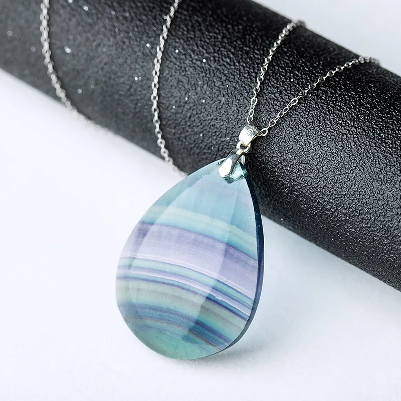 100% Natural Fluorite Water Drop Pendant Green Purple Colorful stone Reiki Healing Crystal Pendulum Rope Silver Clavicle Chain