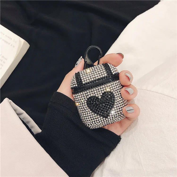 glitter shiny diamond heart fashion bluetooth wireless headphone cover for apple airpods 1/2 charging case - Color: D