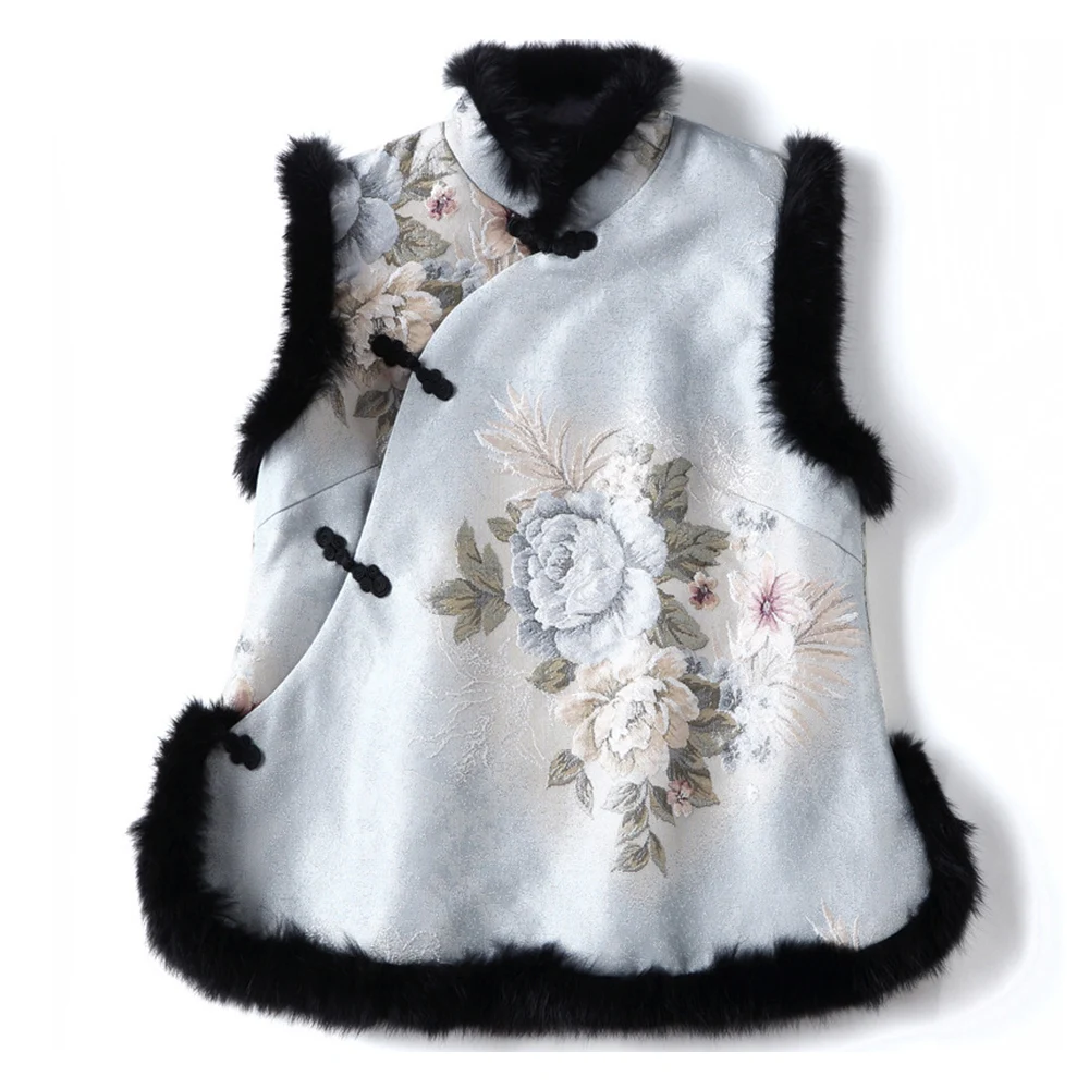 Весенняя и осенняя верхняя одежда Чонсам в китайском стиле ретро Женская парка из хлопка с кроличьим мехом жилетка без рукавов куртка пальто