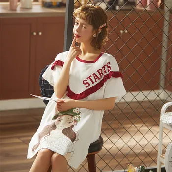 

Women's night skirt cotton can be worn outside spring and summer 3XL new O-neck night skirt cartoon cute comfortable night skirt