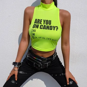 

Women Fluorescent Green Tank Fashion Sexy Letter Print Short Crop Top Turtleneck Sports Strapless Personality Casual Camis #T5P