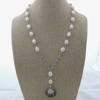 

M011911 22'' White Rice Pearl Necklace Beetle CZ Pave Pendant