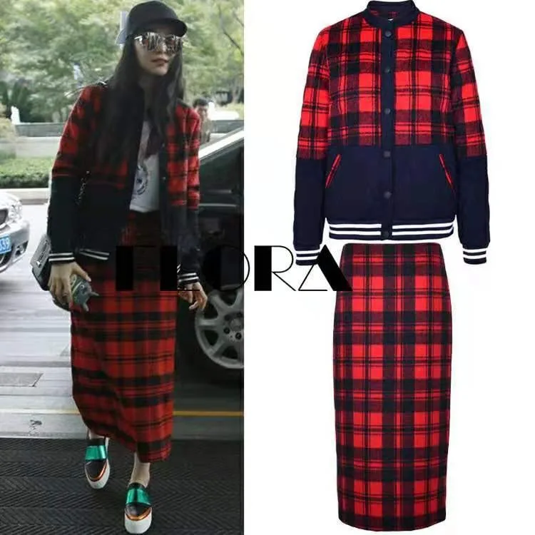 

Fan Bingbing Celebrity Style Red Plaid H Type Dress 2019 New Style Autumn And Winter Jacket Skirt Case