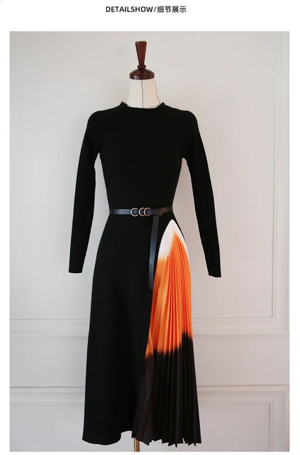 2021 Autumn Winter Women Gradient Color Stitching Knitted Warm Sweater Dress Female Long Sleeve Ol Midi Pleated Dress M8006 black 103cm length