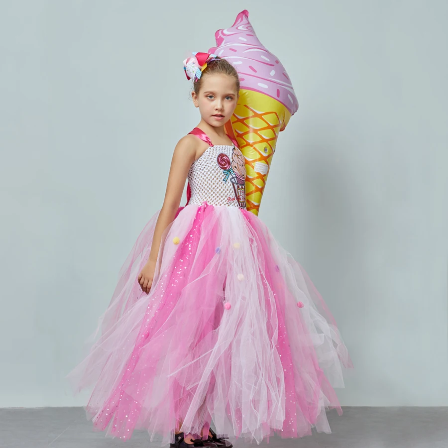 Ice Cream Sweet Candy Girls Tutu Dress with Hair Bows Kids Birthday Tutu Costume Pageant Princess Gown Dress Lollipop Dress (3)