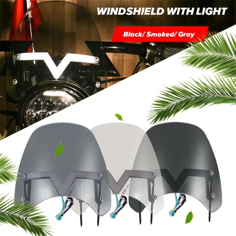 

Retro Motorcycle 5-7" Wind Deflector Windshield with LED Turn Signal DRL for Harley XL Softail Bobber Cafe Racer Royal Enfield