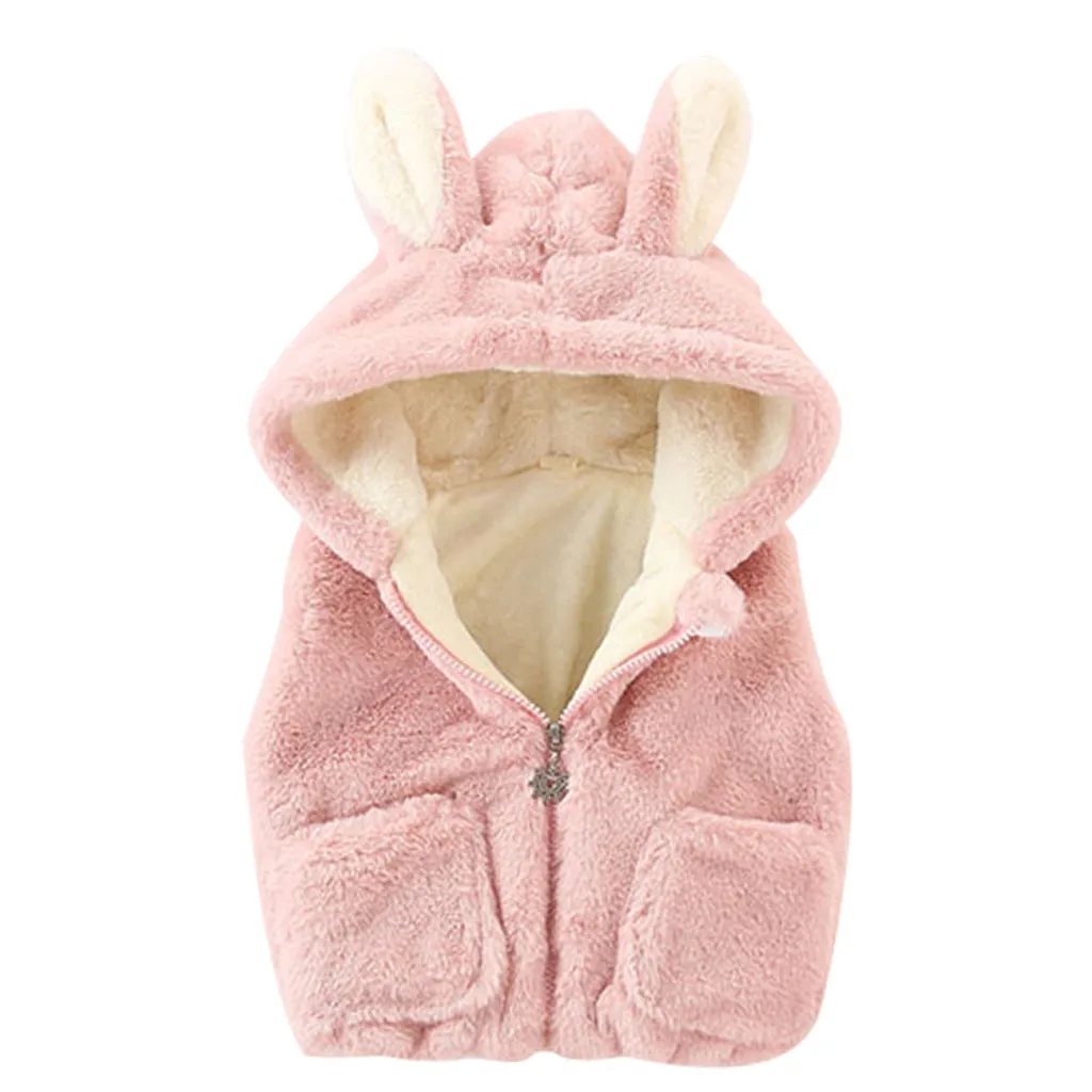 Pink Одежда для новорожденных девочек зимнее плотное пальто с капюшоном без рукавов с заячьими ушками верхняя одежда для девочек, Теплое повседневное флисовое пальто, куртка для детей возрастом от 6 до 40 месяцев - Цвет: Pink