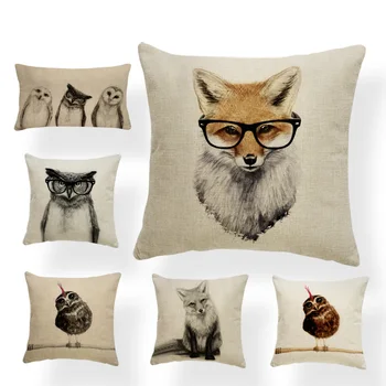

Owl Fox Cushion Cover Hand Painted Animal Pillow Case Vintage Headboard Decorating Throw Pillow Rectangle Square Cotton Custom