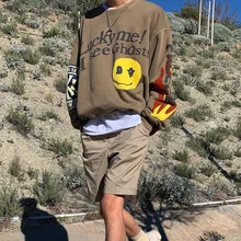 Marca de moda masculino kanye coco sorridente rosto espuma impressão solto em torno do pescoço camisola alta rua