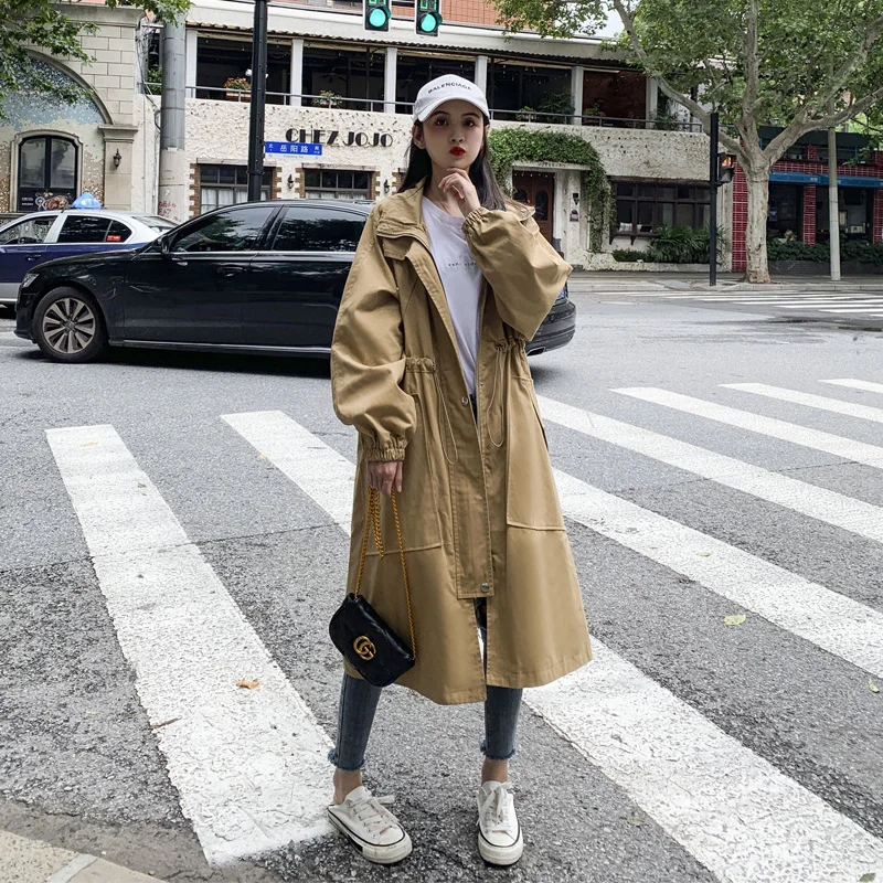 see chart Long Trench Women Spring And Autumn Loose BF Coat Female Knee-length Mandarin Collar Solid Casual Coats - Цвет: see chart