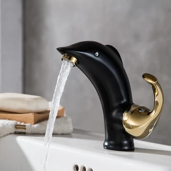 

Bathroom Basin Faucet Soild Brass Sink Mixer Tap Hot & Cold Lavatory Crane Deck Mounted Unique Design Dolphin Shape Black & Gold