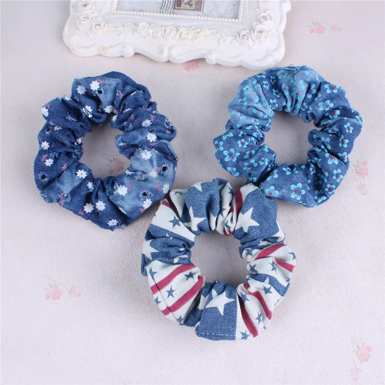 

MeryYuer Women Elastic Denim Cloth Hair Bands Girls Hair Tie Flower Printed Ponytail Holder Hair Ties Girls Hair Accessories