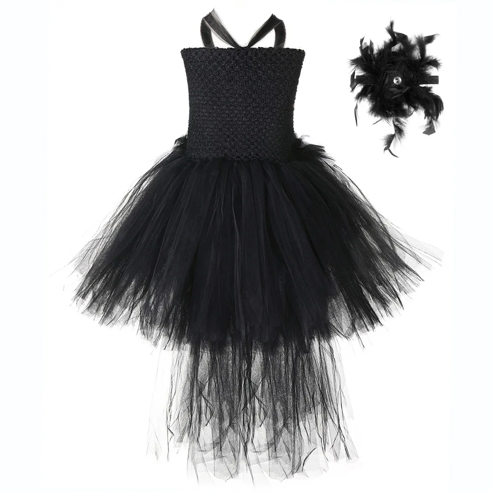 Black Dress Платье для девочек на Хэллоуин; элегантный костюм с изображением животного Фламинго; платье принцессы для ролевых игр; детское карнавальное платье-пачка с перьевым шлейфом - Цвет: Black Dress