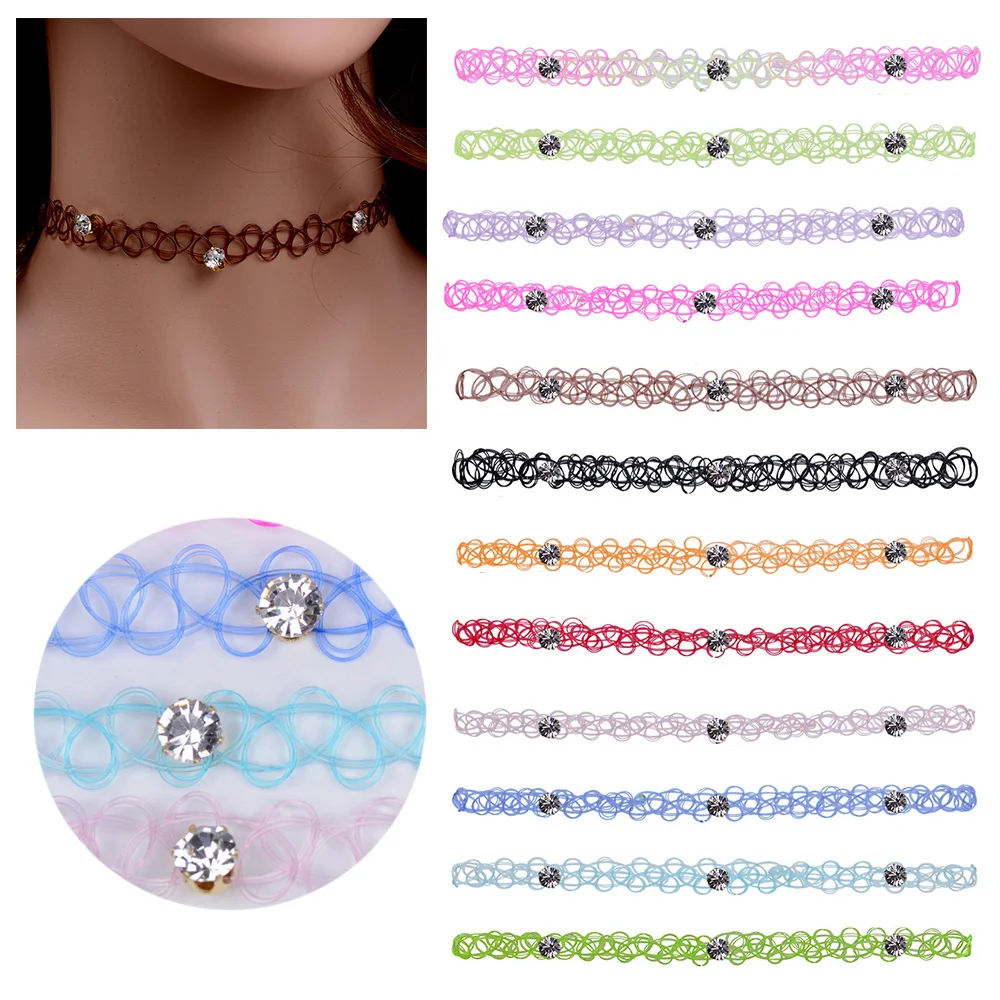 12Pcs/Set Vintage Tattoo Rainbow Chokers Gothic Punk Elastic Hollow Necklace Retro Pendants Women Jewelry Party Wear for Girls