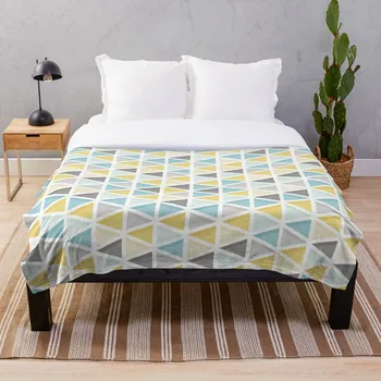 

Blue Mustard and Grey Triangle Pattern Blanket Wool Flannel Plush Blanket Bedspread For office Sherpa Blanket Couch Quilt Cover