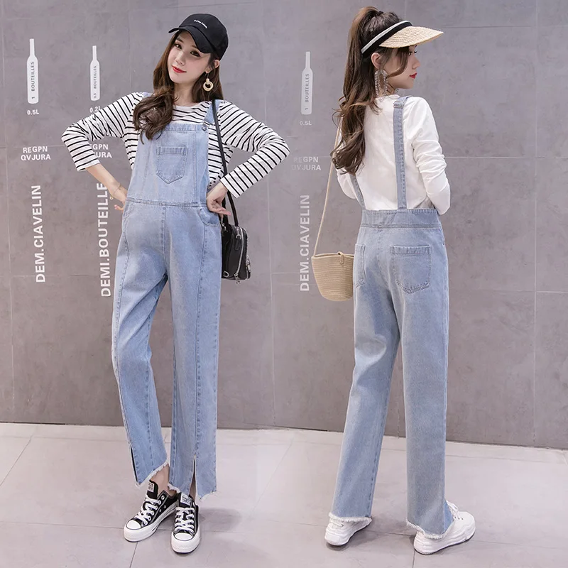 3259# Light Blue Washed Denim Maternity Jumpsuit Large Size Loose Autumn Fashion Overalls for Pregnant Women Pregnancy Bib Pants