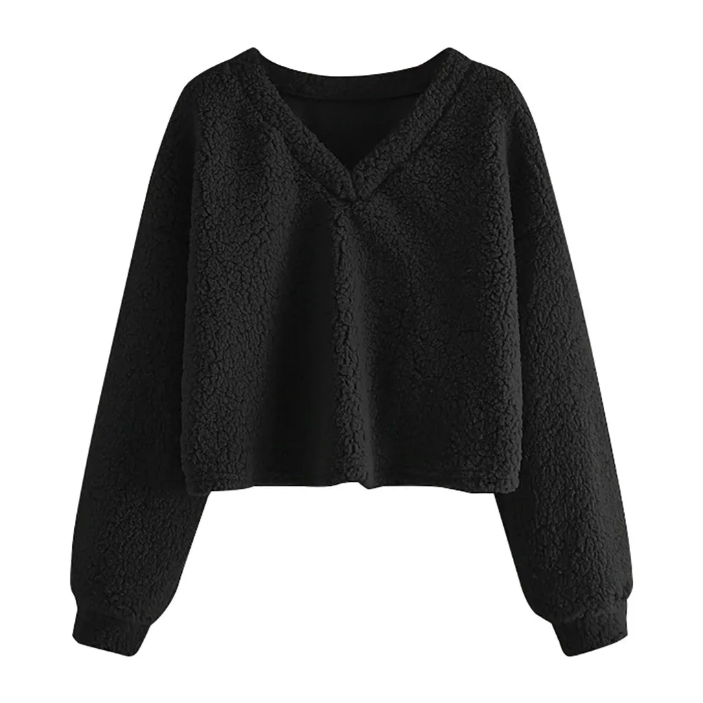 Black Kawaii moletom feminino sudadera mujer Модный свитшот Женский Повседневный свободный длинный рукав однотонный свитшот с v-образным вырезом - Цвет: Black