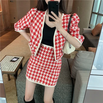 

Women Elegant Casual Two-piece Suit fashion Plaid Tweed V-Neck Half sleeve crop Top + Mini Skirt Autumn Chic Sweet Ladies Set