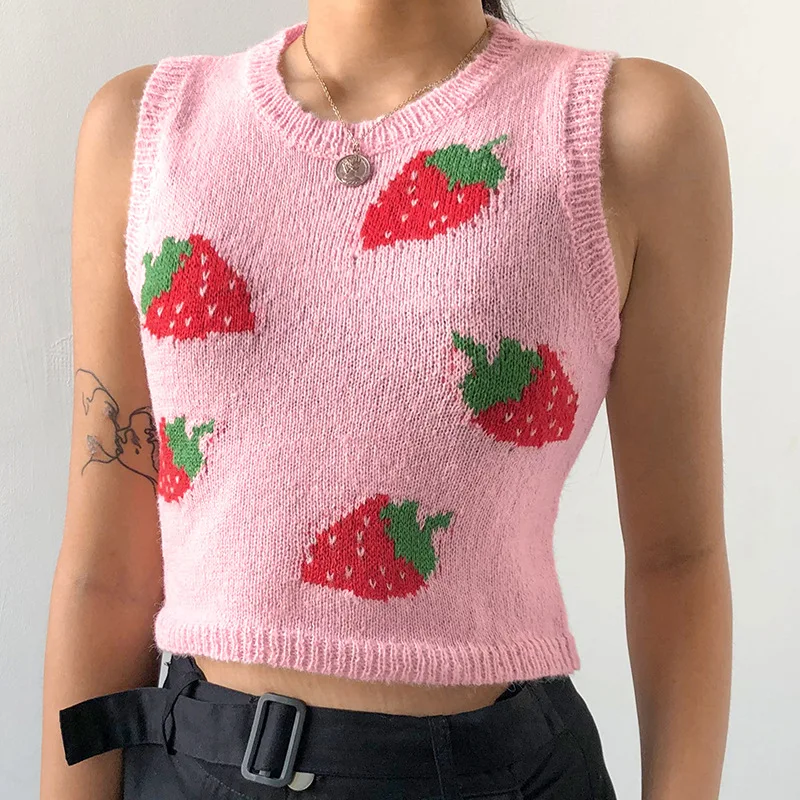 

Sweet Strawberry Pattern Sweater Vest Girls Sleeveless Sweater Top Stylish Round Neck Crop Vest Top Clothes for Women