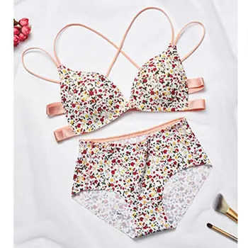 

Women Sexy Bra Set Cross Beauty Back Bra Briefs Sets Sexy Floral Printed Push Up Bras Breathable Seamless Panties Suits