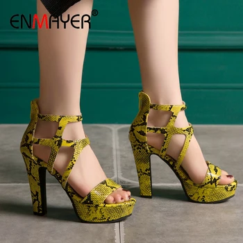 

ENMAYER Summer 2020 Hing Heel Women Sandals PU Party Zip Solid Cover Heel Platform High Heels Sandals Women Fashion Women Shoes