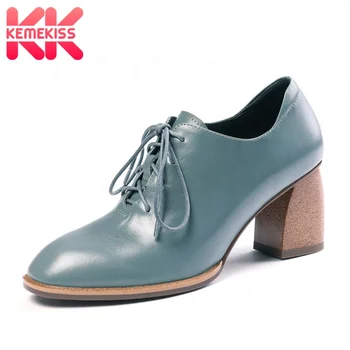 

KemeKiss Real Leather Women Pumps Casual Cross-Tied Women Shoes Solid Color Thick Heel Daily Office Female Footwear Size 34-42
