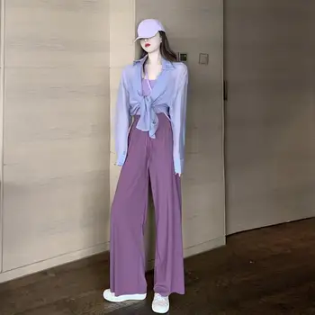 

New Spring 3 Piece Set Women Plus Size Tracksuit Cardigan and Vest crop tops and Wide Leg Pants Suit Women's Sets 2020 F21