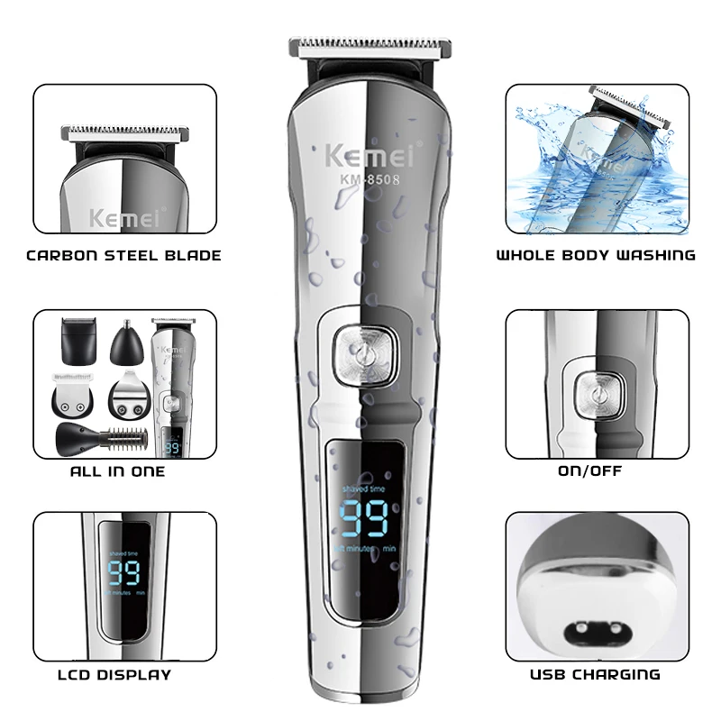 Kemei Professional Multifunction Beard Hair Trimmer Waterproof 6 In 1 Hair Clipper Electric Razor for Men Grooming Kit KM-8508