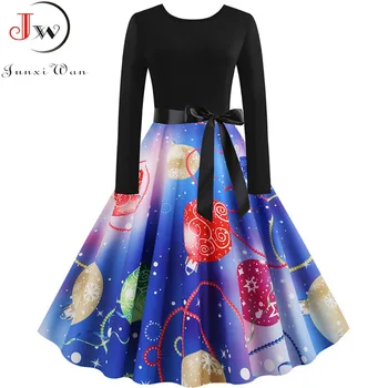 

Women Long Sleeve Elegant Vintage Christmas Dress 2019 Winter Black Patchwork Print Midi Party Dresses Casual Plus Size Vestidos