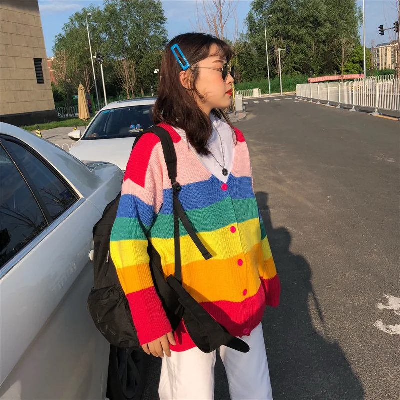 Женские свитера Kawaii Ulzzang, японский Радужный цвет, свитер с надписью, Женская Корейская Милая Одежда Harajuku для женщин