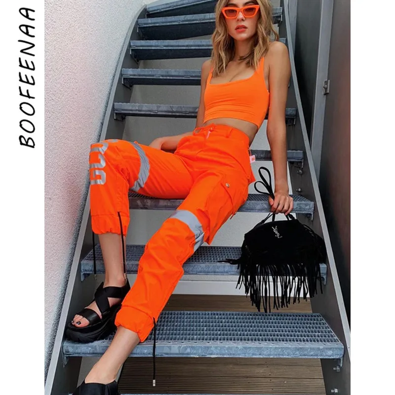 BOOFEENAA женские брюки-карго уличная Светоотражающая буква полосатый состыкованный оранжевый пот брюки джоггеры Mujer хип хоп C67-AF23