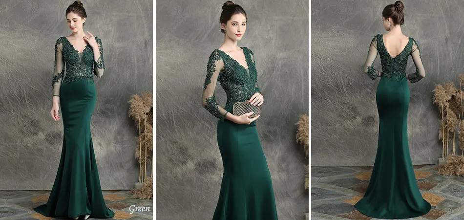 Аппликации Русалка Вечерние платья Robe De Soiree v-образным вырезом бисером женское вечернее платье DX253 размера плюс длинные рукава Формальные платья