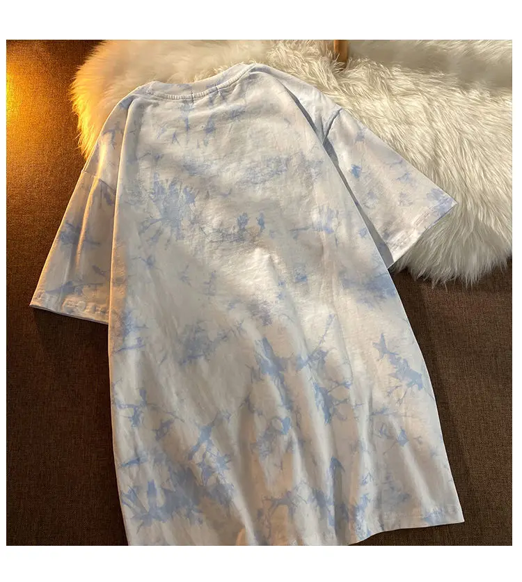 Short Sleeve T-shirts Women Letter Embroidery Tie Dye Oversize Hip Hop Loose Korean Style All-match Students Simple Chic O-neck