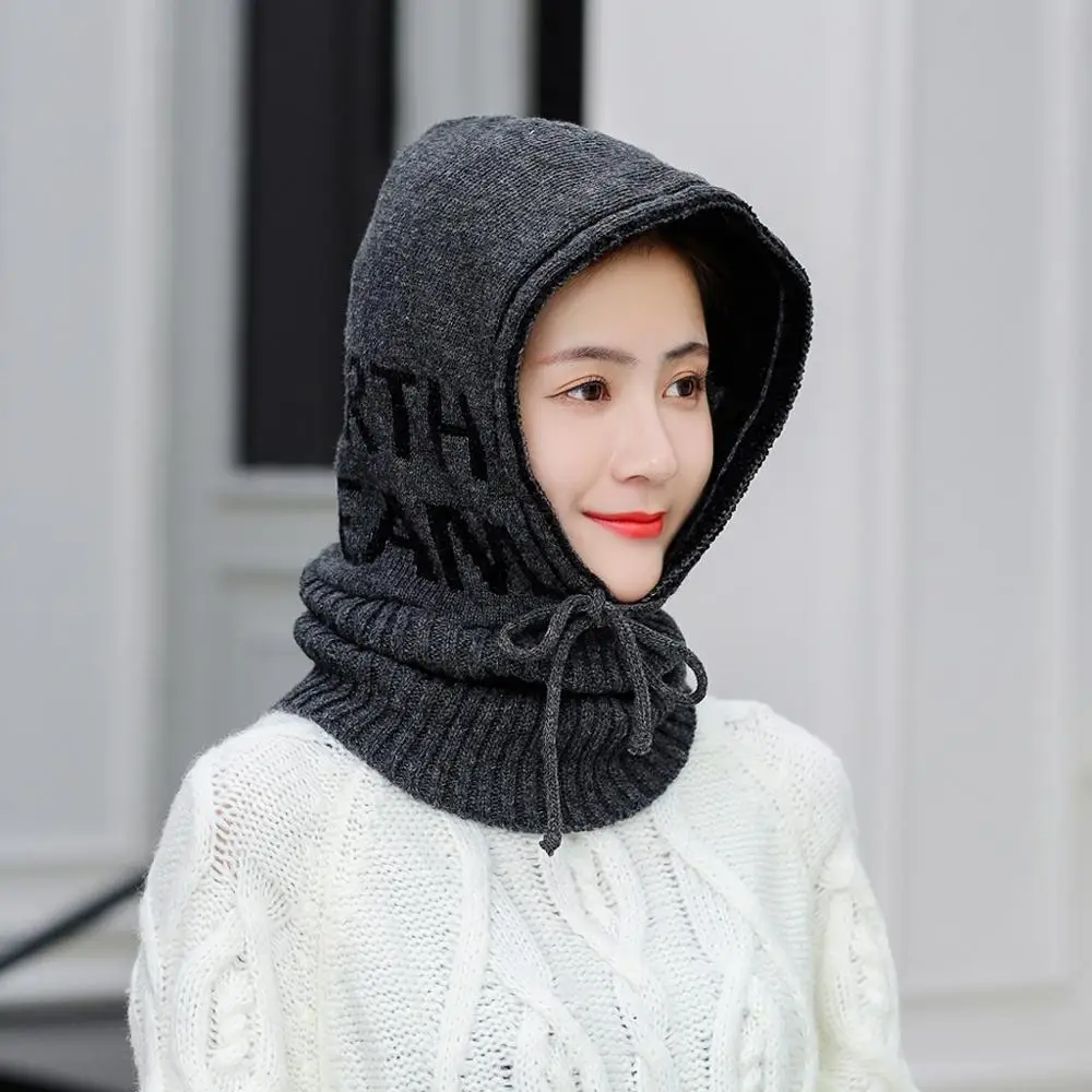 Dark grey Шапки зимняя шапка женская шапка шарф сиамский воротник для девочек Милая зимняя вязаная мужская шапка с черепом Берет шапочка шляпа Muts#2S30 - Color: Dark grey