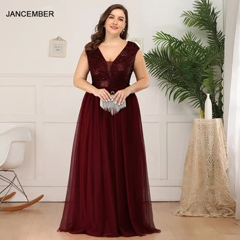 

JANCEMBER EP00983 2020 Summer New Style V-Neck Sleeveless Sequined Mesh A-Line Skirt Plus Size Female Evening Dress robe longue
