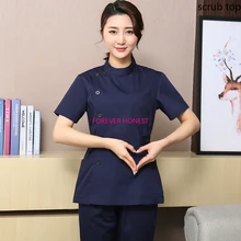Mulheres esfregam superior gola redonda uniformes médicos de manga curta spa uniforme sete botões roupas de enfermagem médico workwear (sem calças)