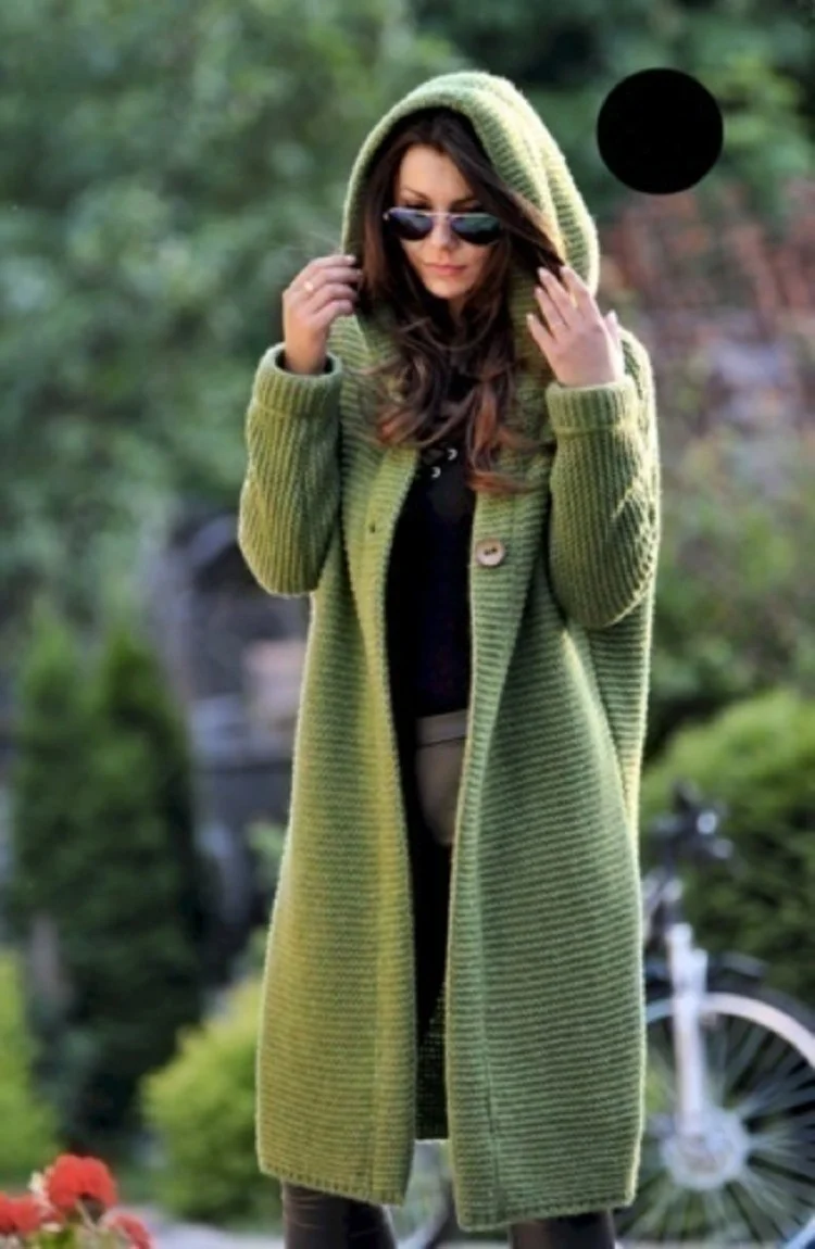 Зимний женский вязаный кардиган, пальто с капюшоном, пальто-свитер, женское однотонное пальто, толстая мягкая модная куртка, вязаный длинный кардиган - Цвет: Зеленый