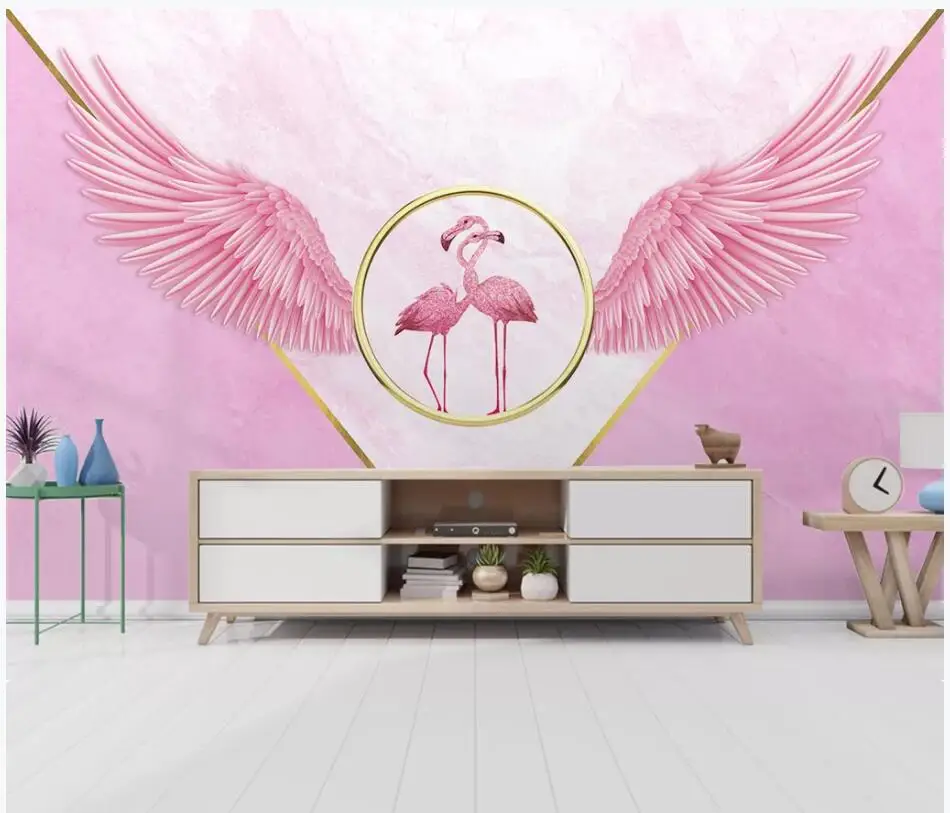 WDBH 3d photo wallpaper custom mural European simple small fresh pink wings flamingo children decor room for walls 3 d | Обустройство